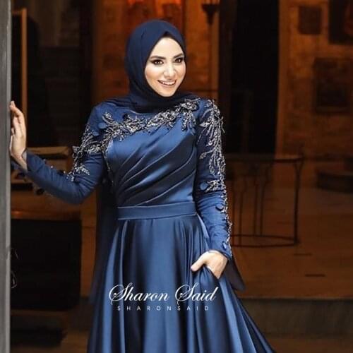 Navy Blue Long Sleeve Musllim Evening Dress for Women Dubai Wedding Party Gowns Burgundy Beaded Elegant Arabic Formal Prom Dress