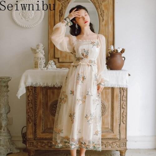 2020 Summer Flower Embroidery Lantern Long Sleeve Square Neck Mesh Sexy Dress Women Elegant Vintage Holiday Boho Dresses Vestido