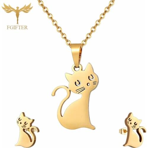 Cute Animal Cat Jewelry Set Women Earring and Necklace Sets Stainless Steel Chain Cat Pendant Stud Earring Gift ensemble bijoux