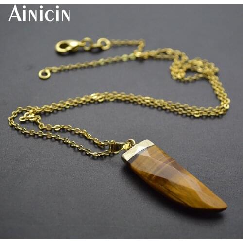 1pc Gold Color Chain Natural Tiger Eyes Faceted Horn Shape Pendant Necklace For Men and Women