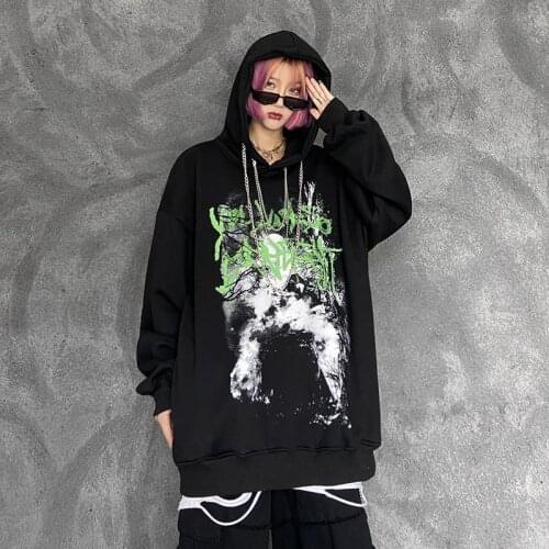 Black Oversized Hoodie Femme Autumn Japanese Tops Funny Casual Spring Gothic Autumn Casual High Street Punk Hoodie Streetwear