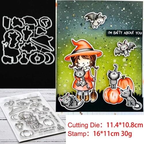 Halloween Little Witch Cutting Dies and Stamps Stencil for DIY Scrapbooking Photo Album Embossing Decorative Craft Die