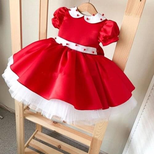Custom Red Baby Girls Dresses Tiered Skirt Pearls Infant Girls First Birthday Dress Kid Clothes Christmas Gown