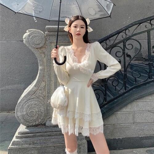 Lace-up V-neck Low-cut A-line Dresses Womens Clothing Vintage Fashion Brand Spring Autumn Female Short Dress White New