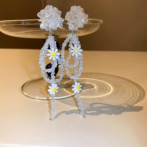 Summer Acrylic White Flower Earrings for Women Bohemia Long Tassel Crystal Dangle Earrings Statement Jewelry