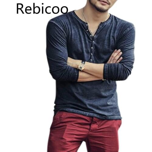 Men Simple Casual Autumn T shirts Mens Tops Tees Long-Sleeve Slim Henley T-Shirt Simple Solid Color Button Male Tops Tees