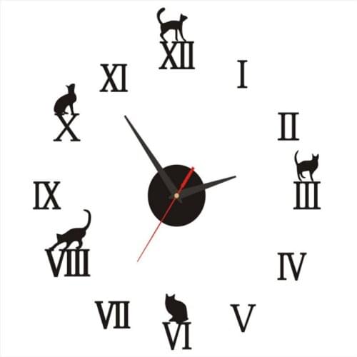 DIY Cat Design Wall Clock Modern Home Decor Large Roman Number Mirror Modern Quartz Clocks Living Room Watch Clocks Stickers