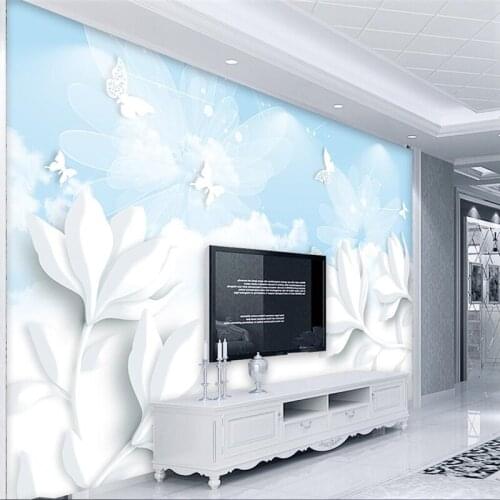 Beibehang papel de parede Custom Wallpaper 3D Fresco Wall Sticker Aesthetic Diamonds Flower Blue Sky White Cloud Dream Flower
