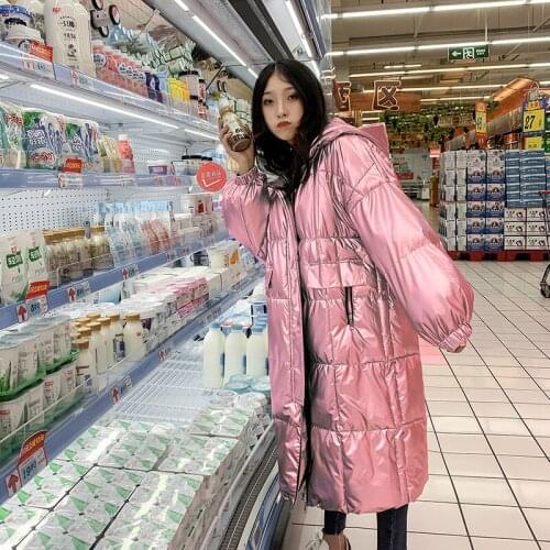 Fashion Glossy Coats Women Winter Jackets Long Hooded Cotton Jacket Coat Womens Oversize Loose Cotton Coat Parka Female Overcoat