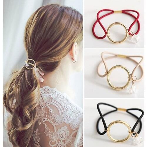 1Pcs Women Hair Accessories Cute Round Metal Circle With Crystal Gum Ornament Elastic Hair Bands Girl Ponytail Holder Hair Rope