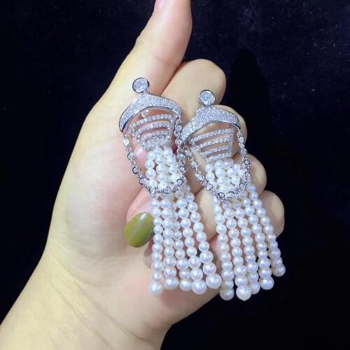 Natural fresh water pearl tassels earring long earring 925 sterling silver with cubic zircon fine jewelry for party wedding