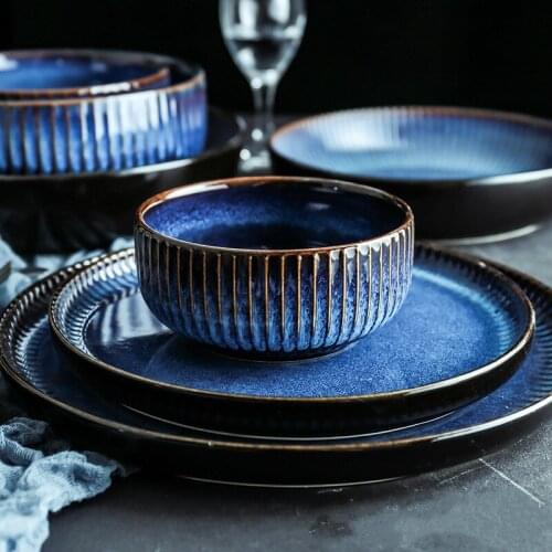 Japanese Style Ceramic Rice Bowl Home Salad Soup Instant Noodles Bowl Western Steak Plate Gradient Breakfast Dinner Bowl Plate