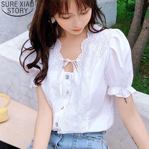Summer Women Blouse 2021 Sweet Fashion Hollow Out Square Collar Backless Top Lace-up Casual Puff Short Sleeve White Blusas 10046