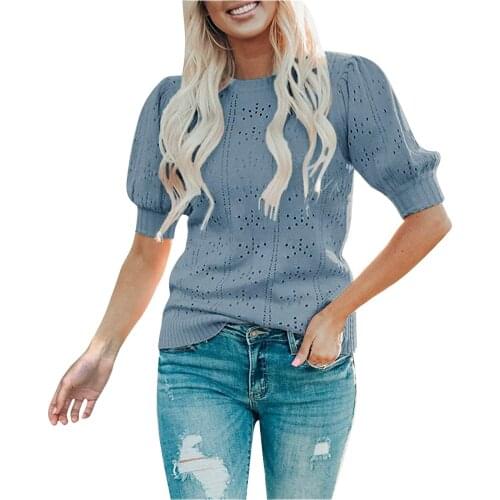 Womens Casual T Shirt Summer Tops Tee Solid Puff Sleeve Knitting Hollow Out All-Match Tshirts Female Tops футболка оверсайз