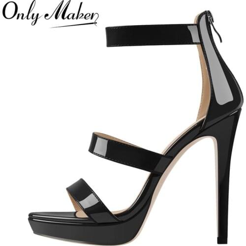 Onlymaker Summer Womens Platform Sandals Patent Leather Narrow Band Cover Heel Thin High Heels Shoes Zipper Large Size Concise