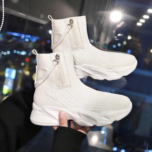 QWEDF Sneakers Women Knit Upper Breathable sneakers Sock Boots Woman Chunky Shoes High Top Shoes For Women Tenis Feminino X4-11