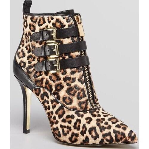 Women Sexy Leopard Suede Front Zipper Ankle Boots Metal Buckle Pointed Toe Patchwork Thin High Heels Gladiator Short Booties