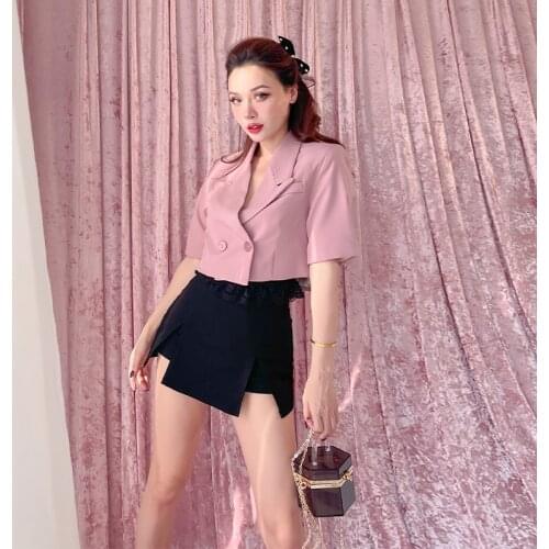 2021 Summer New Vintage Fashion Sweet Pink Blazer Short Sleeve Jackets for Women Turn-down Collar Short Slim Coat Streetwear