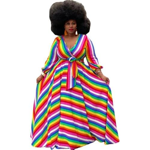 Rainbow Stripes Long-sleeved Sexy Dress V-neck Collect Dresses for Women 2021 Plus Size Drop Shipping
