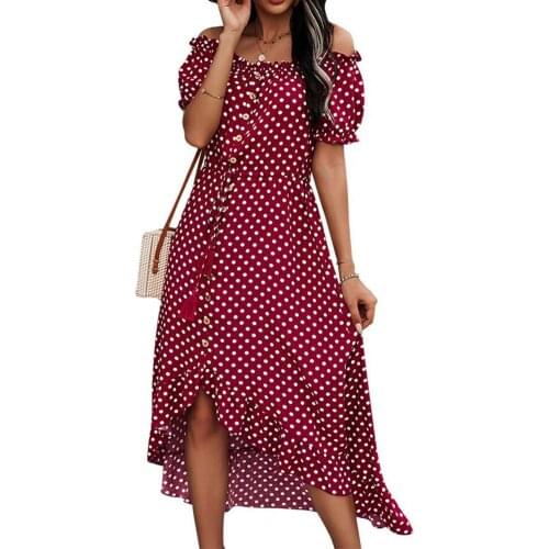 Summer Women Dress Sexy 2021 Dot Print Waist Belt Slim Short Sleeve Ruffled Hem Summer Dress Long Sundress Elegant Vestidos