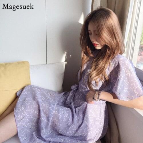 Plus Size Summer Dress Women Boho Party Chiffon Female Vintage Dresses Purple Print Short Sleeve Women Dresses Robe Vestido 8946