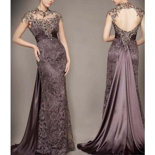 Cheap robe de soiree 2018 new fashion sexy backless vestido de festa long highneck Formal lace evening mother of the bride dress