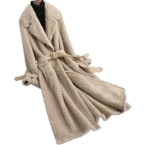 Real Wool Blend Fur Coat Winter Women Fur X-Long Outerwear Overcoat LF2092