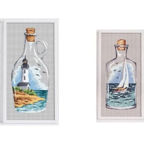 18ct ivory white Lovely Counted Cross Stitch Kit Lighthouse Sailboat in a Glass Bottle Seaside scenery Vintage Chic Bottles