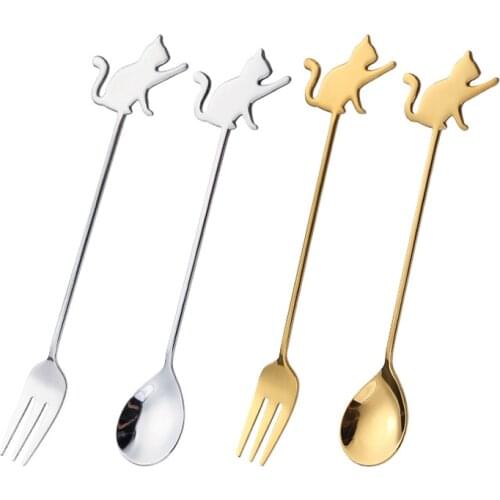 2Pcs Stainless Steel Tableware Creative Spoon Dessert Spoon Fork Fruit Fork Cartoon Cat Cute Japanese Coffee Stirring Spoon