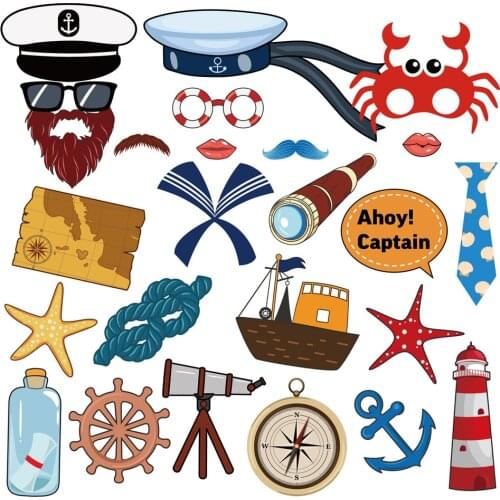 25pcs Baby Shower DIY Nautical Photobooth Props Happy Birthday Sailing Captain Party Decorations Kids Party Favors