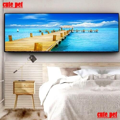 Large Diamond Embroidery Seaside wooden bridge Mosaic Landscape Building Full Square Round DIY Diamond Painting Home Wall Decor