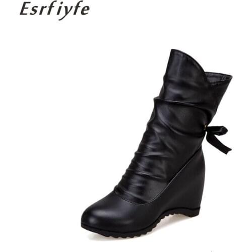 ESRFIYFE New Winter Women Snow Ankle Boots Wedge Heels Winter Shoes Women Warm Casual Shoes Lace Up Womens Shoes Botas Mujer