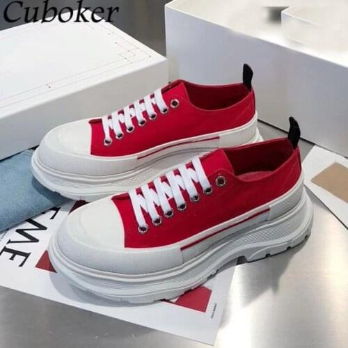 Thick Bottom Trainer Shoes Woman Lace Up Brand Designer Round Toe Flat Canvas Shoes Red Platform 2021 Casual Shoes For Women