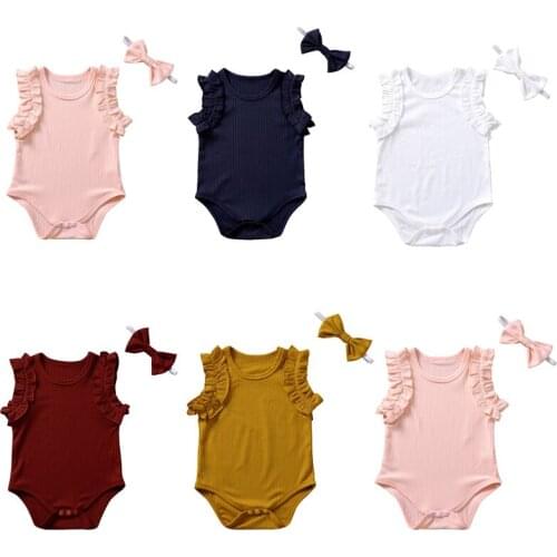 Summer Baby Girls Rompers Newborn Baby Clothes Toddler Girls Ruffles Sleeveless Knitted Romper Jumpsuit With Headband One-Pieces