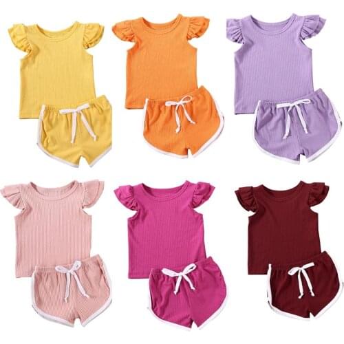Baby Girls Summer Clothing 2PCS Newborn Kids Clothes Ruffled Sleeve Shirt Top Pants Shorts Kintted Ribbed Outfit Set 1-4Y