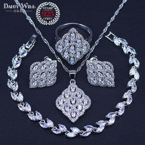 Best Wish White Crystal Cubic Zirconia silver color Bridal Jewelry sets Bracelets Pendants Hoop Earrings Ring