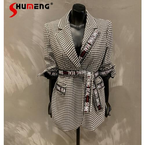 2021 Autumn and Winter New Lace-up Houndstooth Woolen Blazer Womens Loose Grid Retro Small Suit Wool Coat Ladies