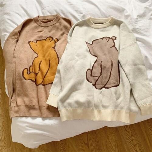 New Autumn Sweater Women Harajuku Cartoon Animal Sweater College Style Sweater Bear Embroidery Sweater Loose Round Neck Sweater