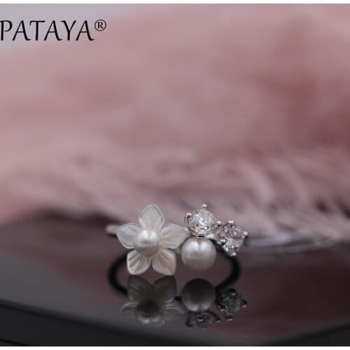PATAYA New Years Gift Exclusive Luxury Wedding Party Fashion Jewelry True White Gold Women Shell Pearls Natural Zirconia Rings