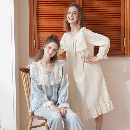Long-Sleeved Pajamas Womens Spring And Autumn Pure Cotton Retro Palace Style Lively And Sweet Princess Home Service Suit