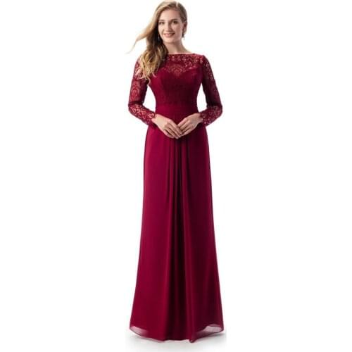 Burgundy Chiffon Mother Of The Bride Dresses New Custom Made Floor Length Long Sleeves Lace Sheath robe de soirée de mariage