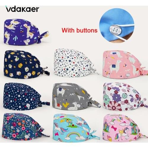 With Button Adjustable Pet Grooming Agency Work Scrubs Caps Cartoon Cute Nurse Cap Cat Printing Working Cap Anti-dust