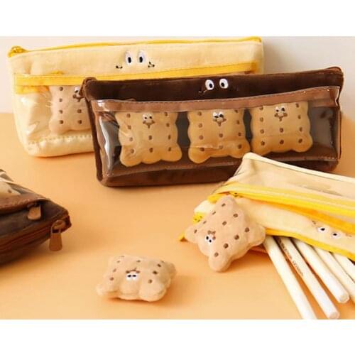 Pen Bag Portable Multifunctional Plush Double Layer Snack Sandwich Biscuit Pencil Bag for School Home Office Storage Home Garden