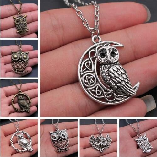 Vintage 2 Colors Antique Silver Color Antique Bronze Color Owl Pendant Necklace Metal Chain Long Chain Necklace For Women Men