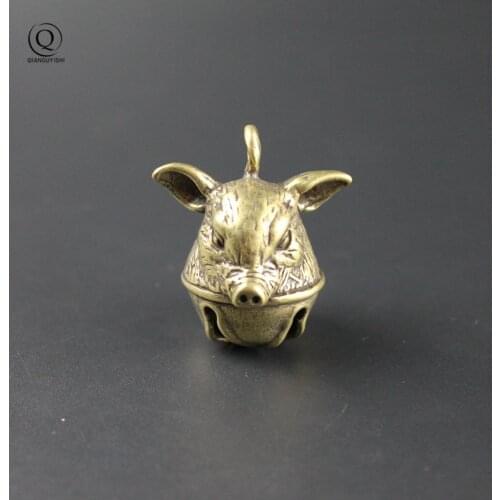 Vintage Copper Zodiac Pig Bell Pendants DIY Keychain Accessories Brass Boar Head Bell Car Keyring Hanging Jewelry Key Chain Gift