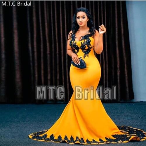 Yellow Gold Plus Size African Evening Dress With Black Lace Mermaid Spaghetti Straps Sexy Long Formal Dresses Women Prom Gowns