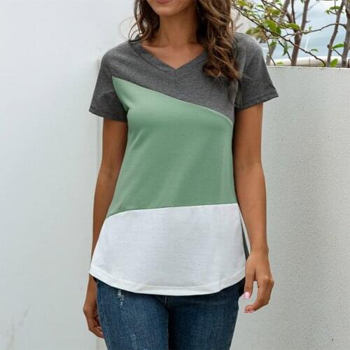 Harajuku Tee Shirt Women Summer Casual Short Sleeve Patchwork Tops T-shirt Fashion Street V-neck Top Tshirt Femme