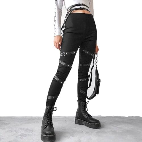 2021 New Punk Pencil Pants Black Women Elastic High Waist Trousers Patchwork Leather Bandage Joggers Pants Capris