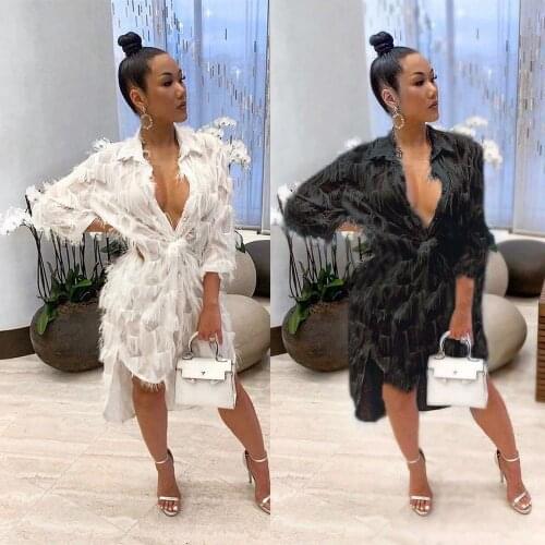 Sexy Loose Fashion White Dress Faux Feather Long Sleeve Turn-down Collar Dresses Summer Spring Boho Sundress Women Streetwear