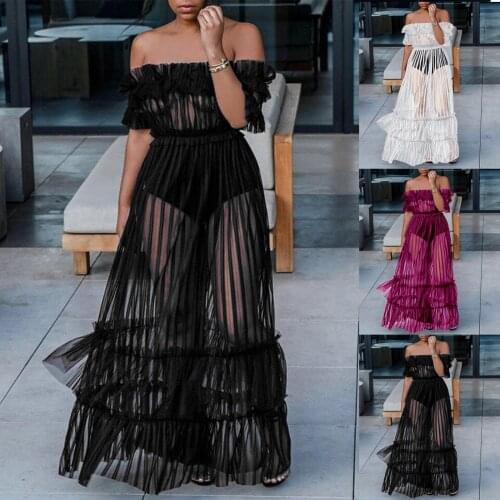 2021 Womens Fashion Sexy Lace Off Shoulder High Waist Dress Female Flared Mesh Club Dress Beach Cover Up Maxi Solid Color